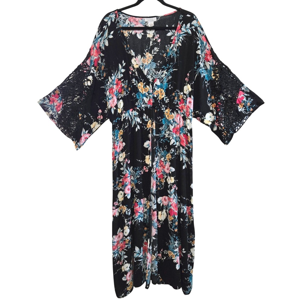 L.I.F.E Love Is For Eternity Boho Black Floral Crochet Sleeve Kimono Wrap XL
